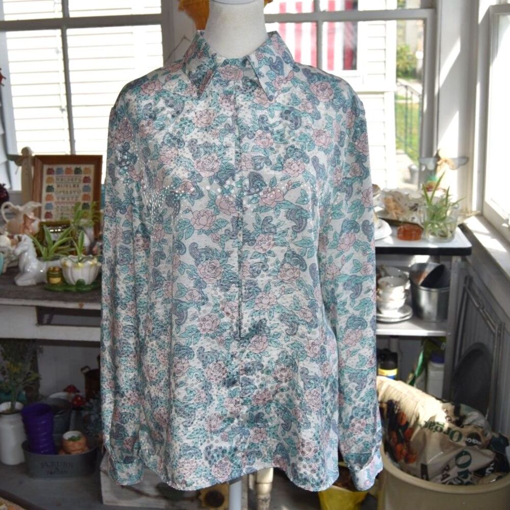 Vintage 1980s Floral Paisley Blouse Distinction USA Made Large